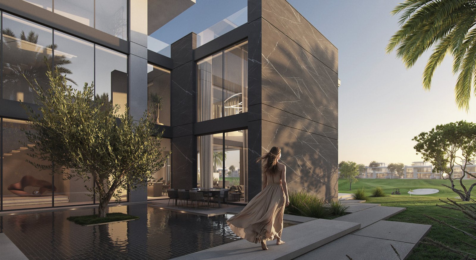 Golf-front villa at dusk, Cedarwood Estates