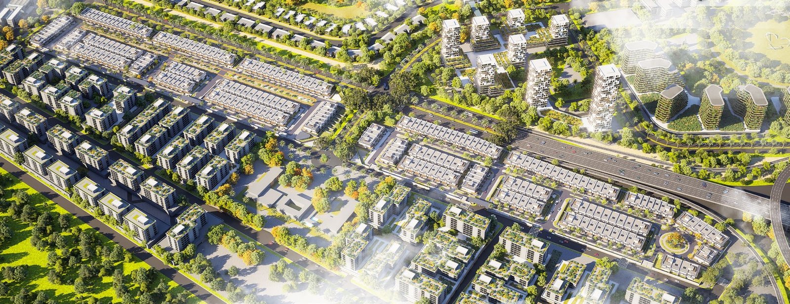 Aerial render of the Village District
